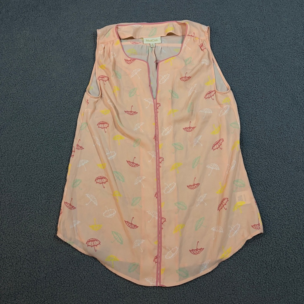 ModCloth Top Womens Small Pink Umbrella Print Sleeveless Blouse Chiffon V-Neck